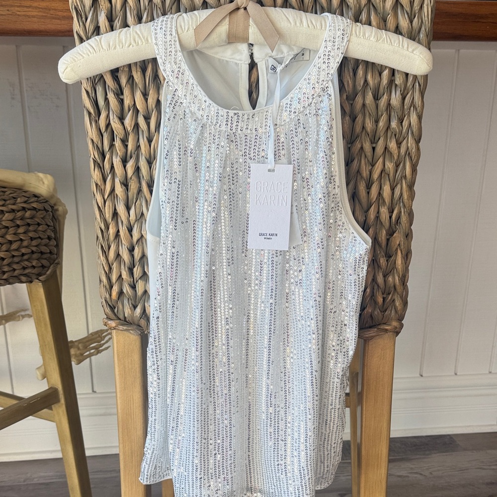 Grace Karin Sparkling White Sequin Blouse